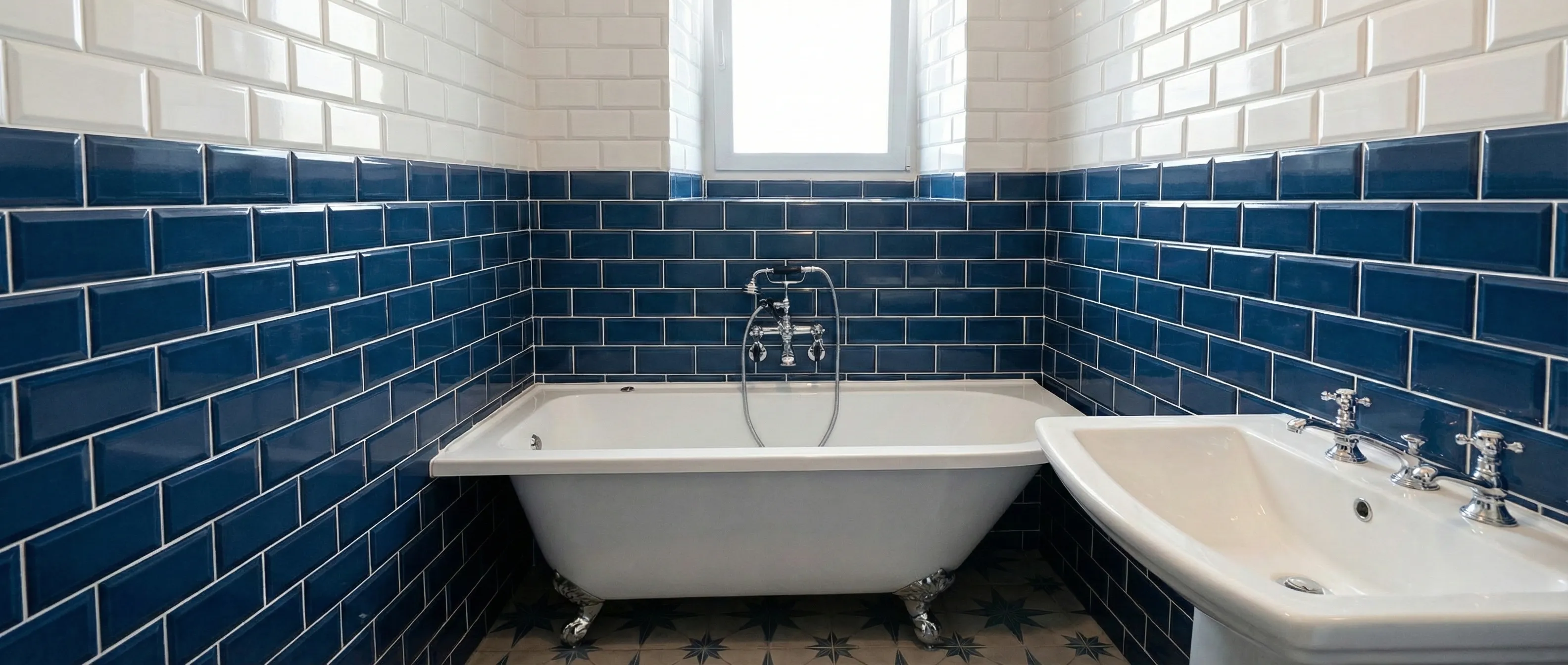 Rénovation de salle de bain à Quimper avec baignoire îlot, carrelage métro bleu et blanc et robinetterie rétro